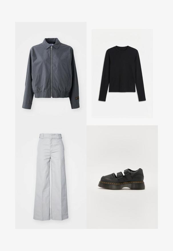 Sivá károvaná bomber bunda, ľahký materiál, zips, golier, elastický lem, bočné vrecká a kontrastný detail loga na rukáve.; Čierne tričko s dlhým rukávom a okrúhlym výstrihom, priliehavého strihu a jednoduchého dizajnu, zobrazené na bielom pozadí.; Svetlošedé nohavice s širokými nohavicami vyrobené z bavlneného zmesi, so zvýšeným pásom, štruktúrovaným pásom a viditeľným prešívaním.; Čierna kožená topánka s dvoma nastaviteľnými prackami, zvýšenou textúrovanou podrážkou a viditeľným oranžovým prešitím pozdĺž medzipodrážky.
