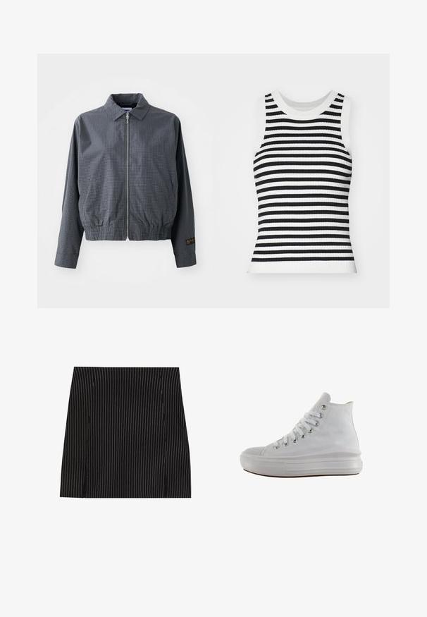 Veste bomber à carreaux gris, en tissu léger, avec fermeture éclair, col, ourlet élastique, poches latérales et détail de logo contrastant sur la manche.; Débardeur en tricot côtelé sans manches avec des rayures horizontales noires et blanches, col rond et silhouette ajustée.; Jupe noire avec des rayures verticales blanches, présentant un design droit et de petites fentes sur les côtés à l'ourlet. Texture lisse, coupe ajustée.; Baskets montantes en toile blanche avec lacets blancs, œillets métalliques, semelle épaisse en caoutchouc et bout texturé, orientées vers la gauche sur fond blanc.