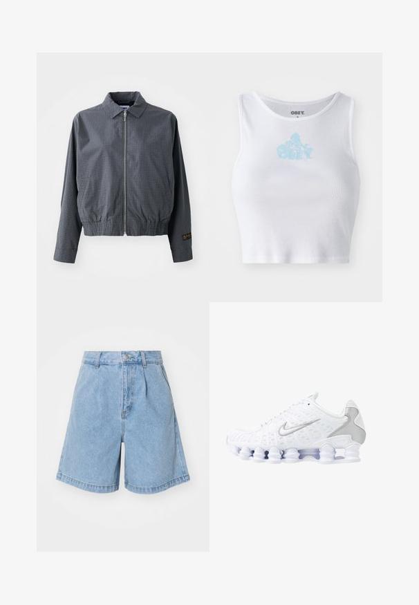 Sivá károvaná bomber bunda, ľahký materiál, zips, golier, elastický lem, bočné vrecká a kontrastný detail loga na rukáve.; Biely rebrovaný crop top s okrúhlym výstrihom a svetlomodrým logom "OBEY" umiestneným na hrudi. Hladká textúra a priliehavý strih.; Světle modré denimové šortky s vysokým pasem, skládacím předním dílem a širokými, rovně střiženými nohavicemi. Dokončené knoflíkovým zapínáním a poutky na opasek.; Biele športové topánky s jemnou sieťovinou na hornej časti, striebornými detailmi a jedinečným dizajnom podpätka v tvare cievky. Majú polstrovaný golier a šnurovanie pre lepšie udržanie na nohe.