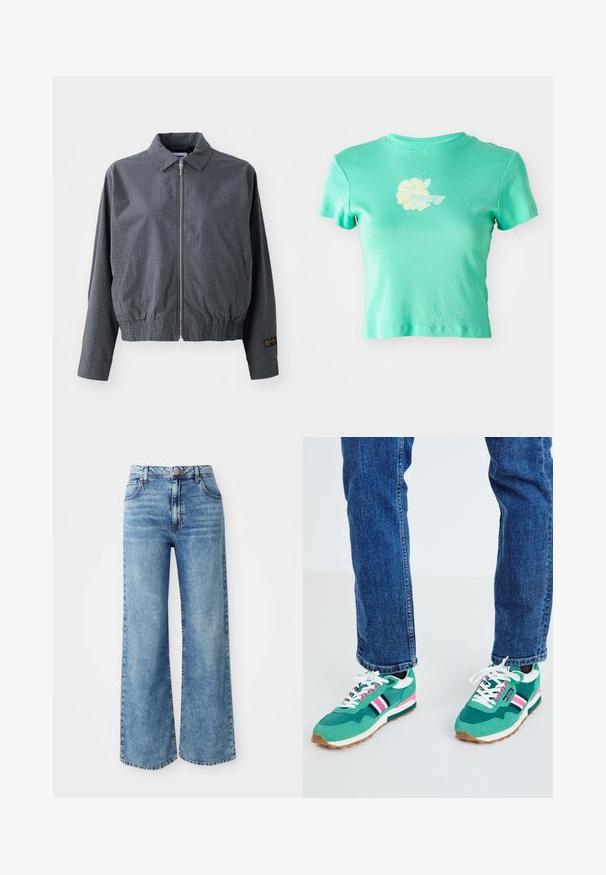 Sivá károvaná bomber bunda, ľahký materiál, zips, golier, elastický lem, bočné vrecká a kontrastný detail loga na rukáve.; Zrezaný tielko v svetlo azúrovom materiáli s kvetinovým vzorom a logom "ROXY" v bielej a žltej farbe na prednej strane. Krátke rukávy.; Svetlomodré rifľové nohavice so širokými nohavicami a vysokým pásom, obsahujúce päť vreciek, uzatváranie pomocou horného gombíka a kontrastné šitie pozdĺž švov.; Zelené športové tenisky s bielymi a námorníckymi akcentmi, detailom ružového pruhu a textúrovanou tkaninou. Šnurované bielymi šnúrkami; gumová podrážka.
