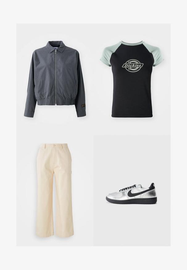 Γκρι καρό bomber jacket, ελαφρύ ύφασμα, κλείσιμο με φερμουάρ, γιακάς, ελαστική μέση, πλαϊνές τσέπες και αντίθετη λεπτομέρεια λογότυπου στο μανίκι.; Μαύρο μπλουζάκι με ανοιχτό πράσινα μανίκια raglan. Διαθέτει κεντρικό κυκλικό λογότυπο με το κείμενο "Dickies" σε σχέδιο σκοινιού. Μαλακή υφή υφάσματος.; Ανοιχτό μπεζ παντελόνι σε φαρδιά γραμμή από βαμβάκι με λεία υφή, διαθέτοντας κουμπί μπροστά και πλευρικές τσέπες.; Ασημί και μαύρο Nike χαμηλό sneaker με μαύρο swoosh, μαύρες κορδόνες και μαύρη σόλα σε απλό ανοιχτό γκρι φόντο.