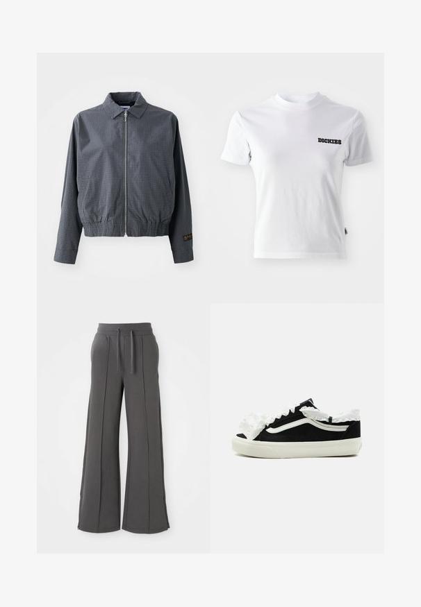 Grijze geruite bomberjack, lichtgewicht stof, ritssluiting, kraag, elastische zoom, zijzakken en contrasterend logo detail op de mouw.; Witte T-shirt met korte mouwen van katoen, met een ronde hals en zwart "DICKIES" logo op de linkerkant van de borst. Gladde textuur en aansluitend ontwerp.; Donkergrijze wijde sweatpants met voornaad, elastische tailleband, trekkoorden, zijzakken en ritssluiting aan de onderzijde op een witte achtergrond.; Zwarte lage sneaker met witte zool, witte streep aan de zijkant en decoratieve witte geplooide stof langs de tong en de enkelkraag.