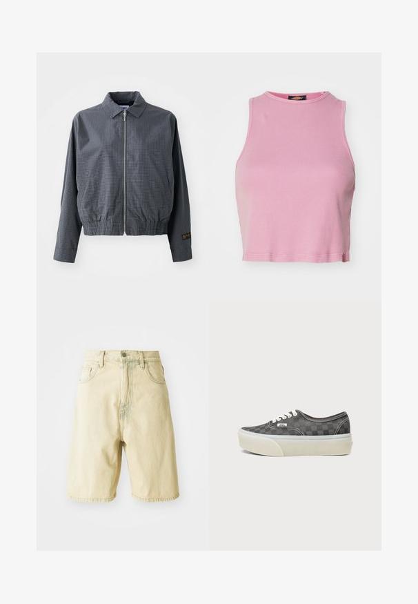 Γκρι καρό bomber jacket, ελαφρύ ύφασμα, κλείσιμο με φερμουάρ, γιακάς, ελαστική μέση, πλαϊνές τσέπες και αντίθετη λεπτομέρεια λογότυπου στο μανίκι.; Ροζ ριγέ crop top με στρογγυλή λαιμόκοψη και χωρίς μανίκια. Περιλαμβάνει στρίφωμα που τελειώνει λίγο πάνω από τη μέση.; Ανοιχτοκίτρινες τζιν σόρτς με ψηλή μέση, που διαθέτουν θηλιές ζωνών, κλείσιμο μπροστά με κουμπί και πλάγιες τσέπες. Απαλή υφή και ίσια γραμμή.; Χαμηλού τύπου αθλητικό παπούτσι Vans με ασπρόμαυρο και σκούρο γκρι καρό σχέδιο, λευκά κορδόνια, ορατό λογότυπο Vans και παχιά λευκή καουτσούκ σόλα.