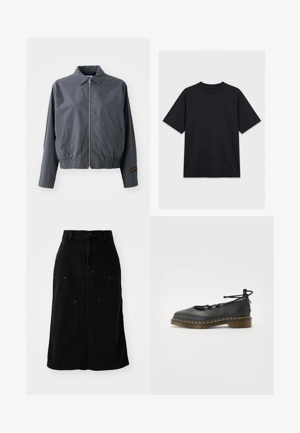 Γκρι καρό bomber jacket, ελαφρύ ύφασμα, κλείσιμο με φερμουάρ, γιακάς, ελαστική μέση, πλαϊνές τσέπες και αντίθετη λεπτομέρεια λογότυπου στο μανίκι.; Μαύρο μπλουζάκι με κοντά μανίκια και στρογγυλή λαιμόκοψη, απλωμένο σε λευκό φόντο, με την μπροστινή όψη να φαίνεται χωρίς ορατά λογότυπα ή σχέδια.; Μαύρη τζιν φούστα σε ίσια γραμμή, με μπροστινές τσέπες και κλείσιμο με κουμπί στη μέση. Διαθέτει εμφανή ραφή και υφή υφάσματος.; Μαύρο δερμάτινο παπούτσι με στρογγυλή μύτη, χαμηλό τακούνι, λεπτομέρειες κορδονιών και κίτρινη ραφή γύρω από τη σόλα. Λείος υφή με ματ φινίρισμα.