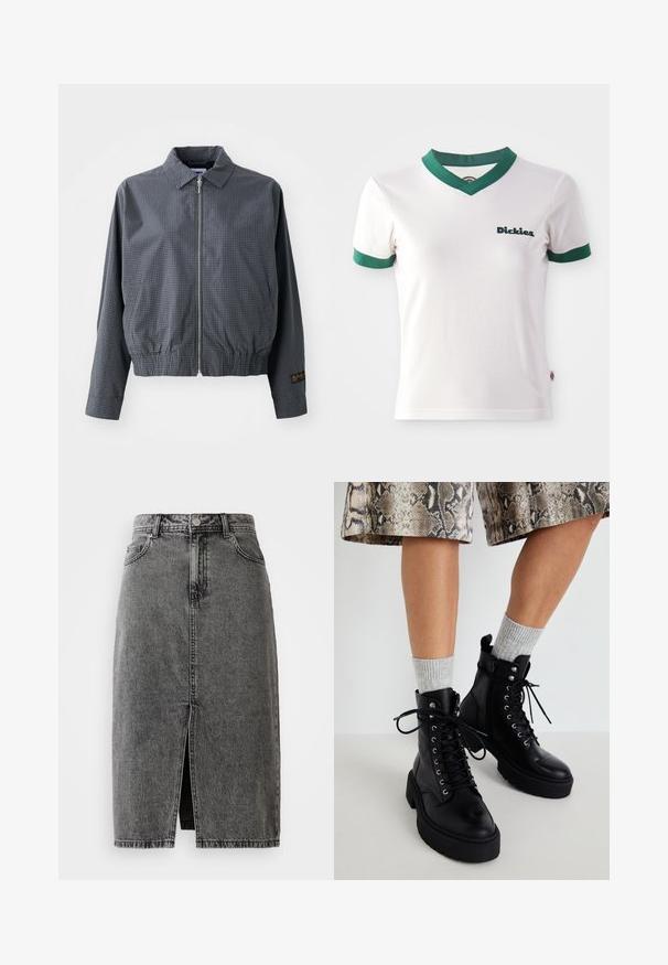Grijze geruite bomberjack, lichtgewicht stof, ritssluiting, kraag, elastische zoom, zijzakken en contrasterend logo detail op de mouw.; Witte T-shirt met korte mouwen en groene V-hals en mouwafwerking; voorzien van het "Dickies" logo in donkergroen op de linkerkant van de borst. Gladde katoenen textuur.; Hoge taille, vervaagde zwarte denim midi-jurk met een split aan de voorkant, riemlussen en een klassieke vijf-pocket ontwerp.; Steve Madden GUSTO - Enkellaarsjes met plateauzool - black