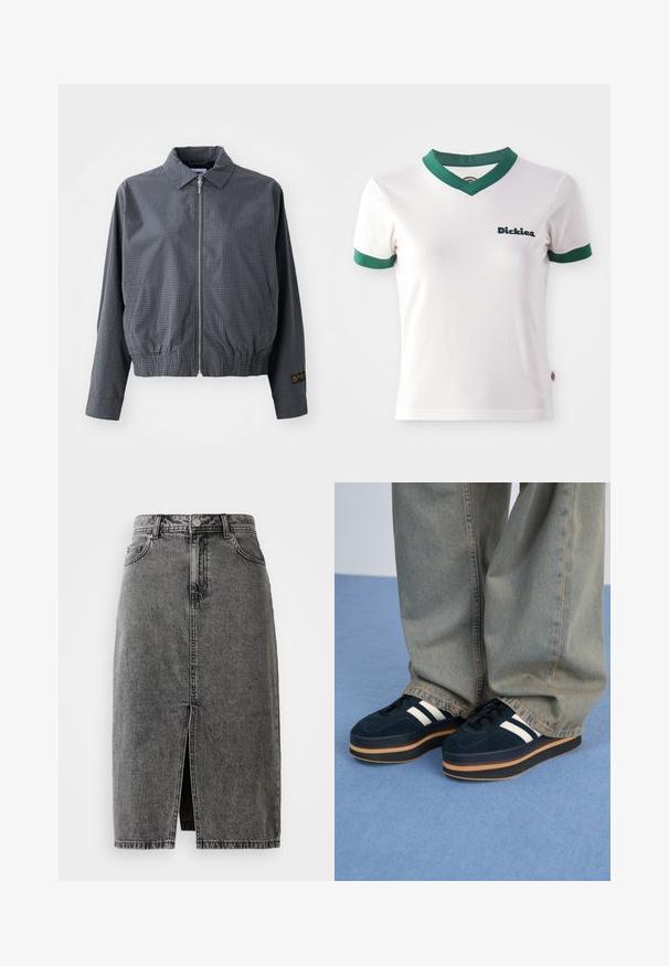 Veste bomber à carreaux gris, en tissu léger, avec fermeture éclair, col, ourlet élastique, poches latérales et détail de logo contrastant sur la manche.; T-shirt blanc à manches courtes avec un col en V vert et des bordures de manches vertes ; présente le logo "Dickies" en vert foncé sur le côté gauche de la poitrine. Texture de coton lisse.; Jupe midi en denim noir délavé, taille haute, avec fente frontale, passants de ceinture et design classique à cinq poches.; Baskets plateforme en suédine bleu foncé avec des rayures blanches et des lacets noirs. Dotées d'une épaisse semelle en caoutchouc brun. Portées avec un pantalon en denim bleu clair.