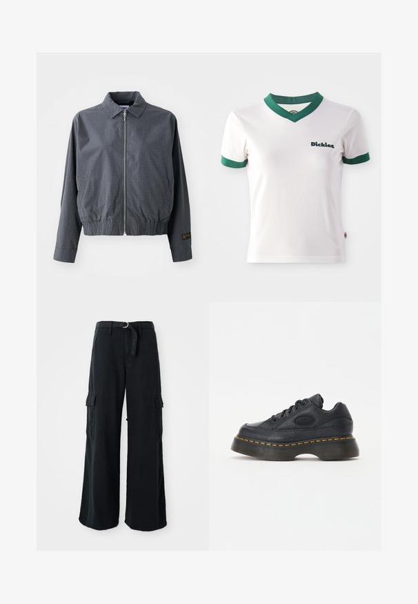 Chaqueta bomber a cuadros grises, de tejido ligero, con cierre de cremallera, cuello, dobladillo elástico, bolsillos laterales y detalle de logo en contraste en la manga.; Camiseta de algodón blanca de manga corta con cuello en V y ribetes verdes; cuenta con el logo de "Dickies" en verde oscuro en el lado izquierdo del pecho. Textura de algodón suave.; Pantalones cargo anchos negros de algodón con cinturón de lazo, que cuentan con dos bolsillos laterales y una textura de tela suave.; Zapatilla de cuero negro con acabado texturizado, punta redonda y suela de plataforma gruesa. Presenta costuras de acento amarillas y logotipo de la marca en el lateral.