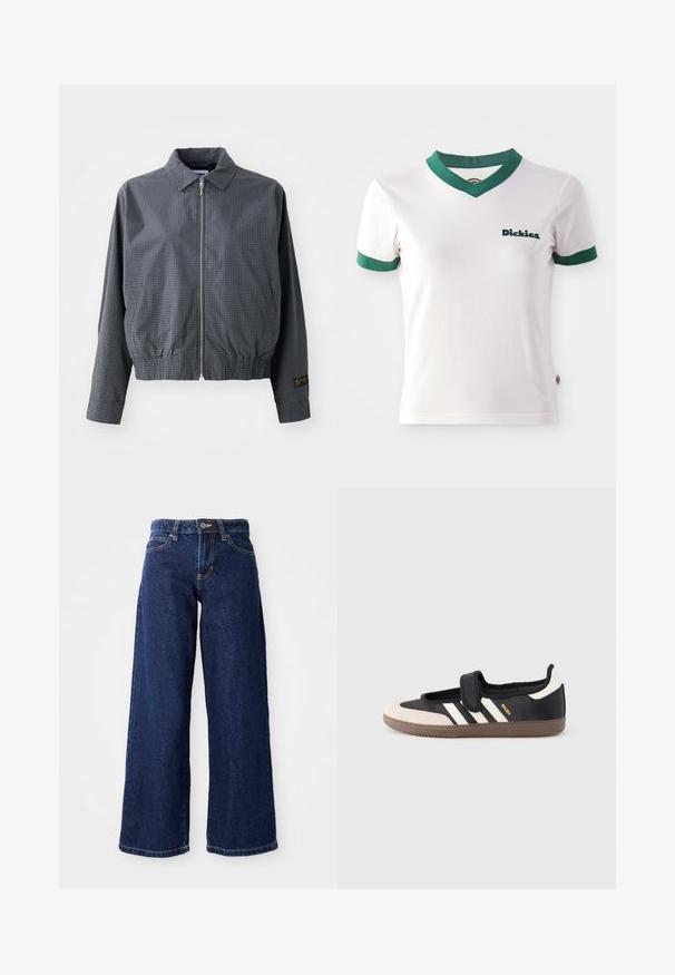 Sivá károvaná bomber bunda, ľahký materiál, zips, golier, elastický lem, bočné vrecká a kontrastný detail loga na rukáve.; Biela tričko s krátkym rukávom, s zeleným výstrihom do V a zelenými pruhmi na rukávoch; na ľavej hrudi sa nachádza logo "Dickies" v tmavozelenej farbe. Hladká bavlnená textúra.; Tmavomodré široké džínsy vyrobené z denimu, s uzáverom na gombík a zips, pútkami na opasok a klasickým dizajnom s piatimi vreckami.; Čierna a béžová teniska s pásikom na suchý zips, tromi bielymi pruhmi na boku a štruktúrovanou hnedou gumovou podrážkou. Viditeľné logo značky.