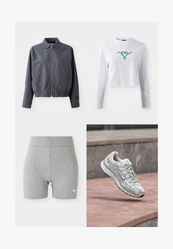 Sivá károvaná bomber bunda, ľahký materiál, zips, golier, elastický lem, bočné vrecká a kontrastný detail loga na rukáve.; Biely crop top s dlhým rukávom z bavlny, s grafickým motívom zelenej hadice previazanou s dizajnom kľúča na prednej strane.; Šedé športové šortky vyrobené z mäkkej tkaniny, s vysokým pásom a malým bielym logom Nike na dolnej ľavej strane.; Biela a svetlozelená teniska Nike vo vzduchu nad kamenným povrchom s rozostreným sivým kamenným pozadím.