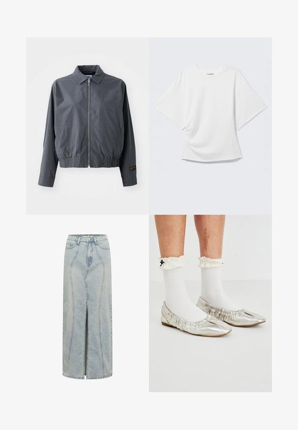 Γκρι καρό bomber jacket, ελαφρύ ύφασμα, κλείσιμο με φερμουάρ, γιακάς, ελαστική μέση, πλαϊνές τσέπες και αντίθετη λεπτομέρεια λογότυπου στο μανίκι.; Λευκό oversized κοντομάνικο T-shirt με στρογγυλή λαιμόκοψη εμφανίζεται σε ανοιχτό γκρι φόντο.; Απαλή μπλε τζιν φούστα με ευθεία σιλουέτα, που διαθέτει μπροστινό σκίσιμο, θηλιές για ζώνη και λεπτομερή ραφή κατά μήκος των ραφών.; Μεταλλικά ασημί μπαλαρίνες με συγκεντρωμένες γωνίες, σε συνδυασμό με λευκές ριγωτές κάλτσες που έχουν ριχτό μανίκι και μαύρη κορδέλα.
