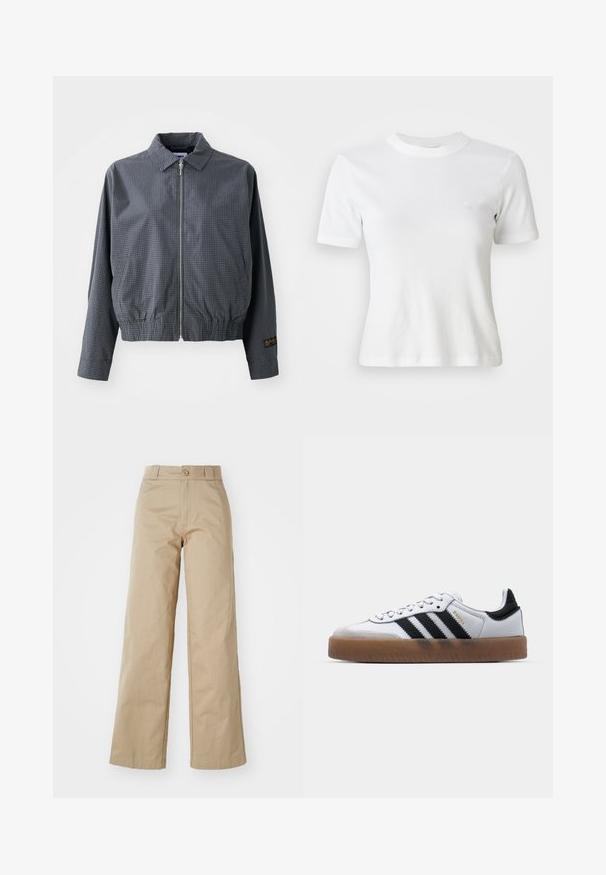 Sivá károvaná bomber bunda, ľahký materiál, zips, golier, elastický lem, bočné vrecká a kontrastný detail loga na rukáve.; Biely rebrovaný tričko s krátkymi rukávmi a okrúhlym výstrihom, s malým logom na hrudi. Vyrobené z mäkkej tkaniny s priliehavým strihom.; Béžové široké nohavice vyrobené z bavlny, vybavené zapínaním na gombík a pútkami na opasok, s hladkou textúrou a čistým dokončením.; Biele kožené tenisky s čiernymi pruhmi, gumová podrážka, okrúhla špička, šnurovanie a mäkký sivý semišový špička.