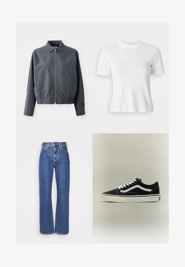 Γκρι καρό bomber jacket, ελαφρύ ύφασμα, κλείσιμο με φερμουάρ, γιακάς, ελαστική μέση, πλαϊνές τσέπες και αντίθετη λεπτομέρεια λογότυπου στο μανίκι.; Λευκό ριμπ κοντομάνικο t-shirt με στρογγυλή λαιμόκοψη και μικρό λογότυπο στο στήθος. Φτιαγμένο από μαλακό ύφασμα με εφαρμοστή σχεδίαση.; Μπλε τζιν παντελόνι με φαρδιά εφαρμογή, ψηλή μέση, αντίθετη ραφή και κλασικό σχέδιο με πέντε τσέπες. Υφασμάτινη επιφάνεια με λεία υφή.; Μαύρο sneaker χαμηλού ύψους με λευκά κορδόνια, λευκή πλευρική λωρίδα και λευκή σόλα με κόκκινο λογότυπο στη φτέρνα, εμφανίζεται σε πλάγια όψη με ουδέτερο φόντο.