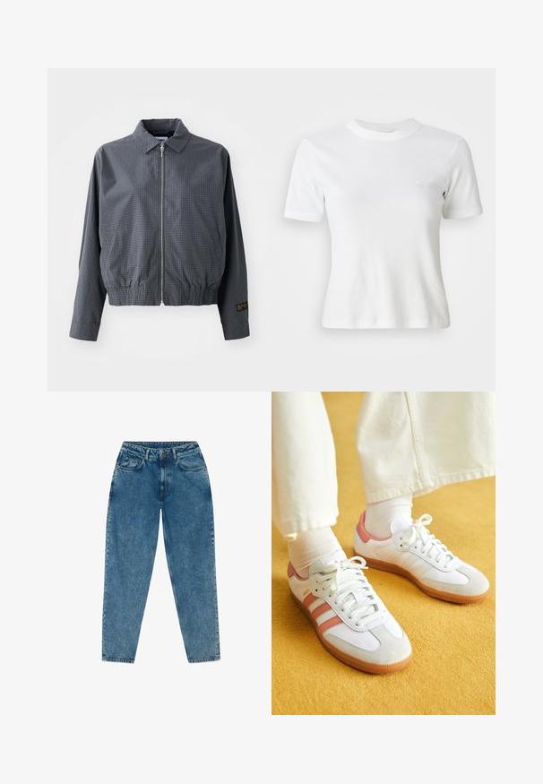 Sivá károvaná bomber bunda, ľahký materiál, zips, golier, elastický lem, bočné vrecká a kontrastný detail loga na rukáve.; Biely rebrovaný tričko s krátkymi rukávmi a okrúhlym výstrihom, s malým logom na hrudi. Vyrobené z mäkkej tkaniny s priliehavým strihom.; Svetlomodré džínsy s voľným strihom, vysokým pásom, dizajnom s piatimi vreckami, viditeľným šitím a mierne vybledlým vzhľadom.; Biele športové topánky s ružovými akcentmi, z semišových a kožených materiálov, s okrúhlou špičkou a gumenou podrážkou, zobrazené s svetlými ponožkami na žltom pozadí.