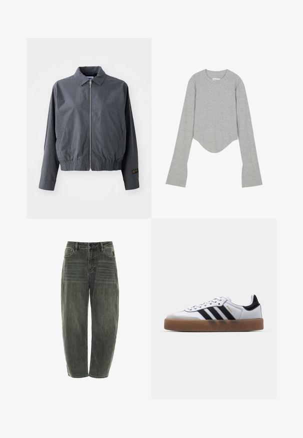 Grijze geruite bomberjack, lichtgewicht stof, ritssluiting, kraag, elastische zoom, zijzakken en contrasterend logo detail op de mouw.; Even&Odd by Zalando Longsleeve - grey; Donkergrijze denim jeans met een relaxte pasvorm, voorzien van vijf zakken, een knoopsluiting en subtiele vervaging aan de voorkant en achterkant.; Witte leren sneakers met zwarte strepen, gumrubberen buitenzool, ronde neus, vetersluiting en een zachte grijze suède neuskap.