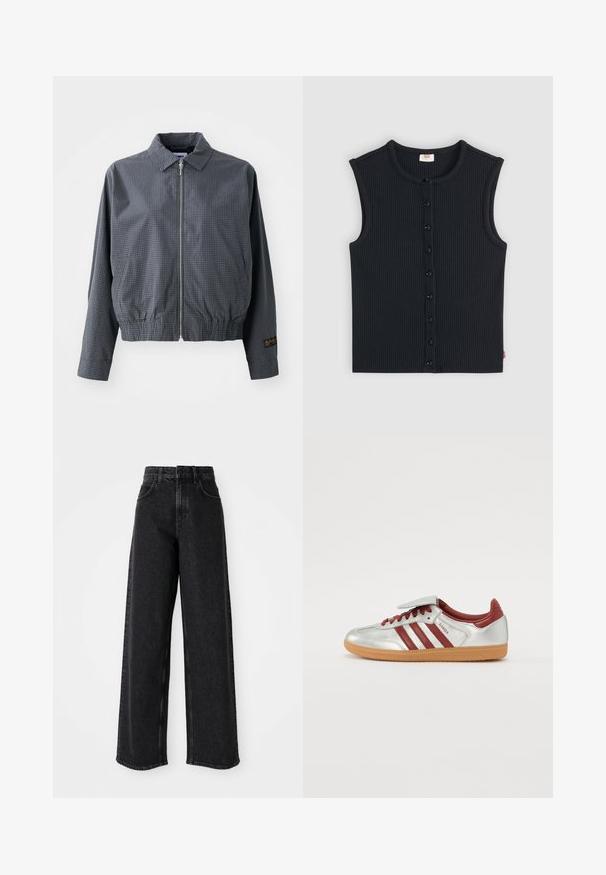 Sivá károvaná bomber bunda, ľahký materiál, zips, golier, elastický lem, bočné vrecká a kontrastný detail loga na rukáve.; Tmavomodrý rebrovaný bezrukávový top s okrúhlym výstrihom a čiernymi gombíkmi vpredu. Má malú značkovú nášivku na bočnom leme.; Čierne vysoké široké rifle vyrobené z denimu, s klasikou päťzippedovým dizajnom a jemnými švíkovými detailmi.; Strieborné športové topánky s červenými pruhmi, textúrovanou gumenou podrážkou a suchým zipsom na vrchu. Obsahujú hladký kožený povrch a polstrovaný golier.