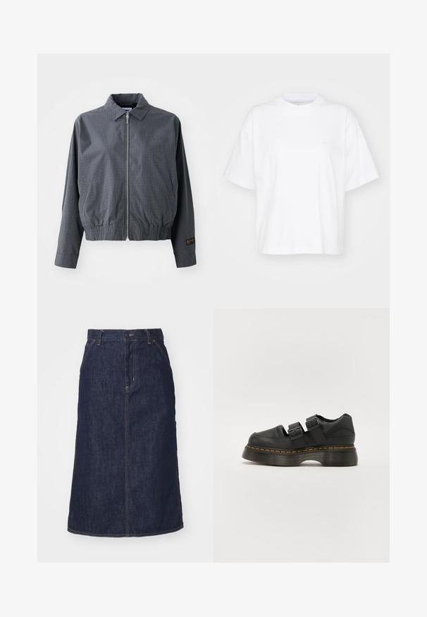 Γκρι καρό bomber jacket, ελαφρύ ύφασμα, κλείσιμο με φερμουάρ, γιακάς, ελαστική μέση, πλαϊνές τσέπες και αντίθετη λεπτομέρεια λογότυπου στο μανίκι.; Λευκή βαμβακερή μπλούζα με στρογγυλή λαιμόκοψη, κοντά μανίκια και άνετη εφαρμογή. Διαθέτει μια διακριτική λογότυπο στην αριστερή περιοχή του στήθους. Λείος υφή.; Σκούρα τζιν φούστα με ψηλή μέση, ίσια γραμμή, μπροστινές τσέπες και ραμμένες ραφές. Διαθέτει φερμουάρ και κουμπί στην μέση.; Μαύρο δερμάτινο παπούτσι με δύο ρυθμιζόμενες λουρίδες με αγκράφες, υψωμένη υφή σόλας και ορατή πορτοκαλί ραφή κατά μήκος της μεσαίας σόλας.