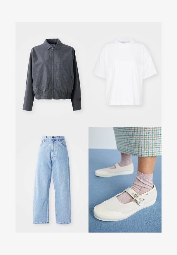 Veste bomber à carreaux gris, en tissu léger, avec fermeture éclair, col, ourlet élastique, poches latérales et détail de logo contrastant sur la manche.; T-shirt en coton blanc avec un col rond, des manches courtes et une coupe décontractée. Présente un logo discret sur la zone gauche de la poitrine. Texture lisse.; Jeans en denim bleu clair taille haute avec des jambes droites larges, fermeture à bouton à l'avant, fermeture éclair et poches avant et arrière.; Des chaussures blanches en toile avec une tige en daim, une sangle sur le cou-de-pied et un accent en argent en forme d'étoile. Associées à des chaussettes côtelées rose clair.