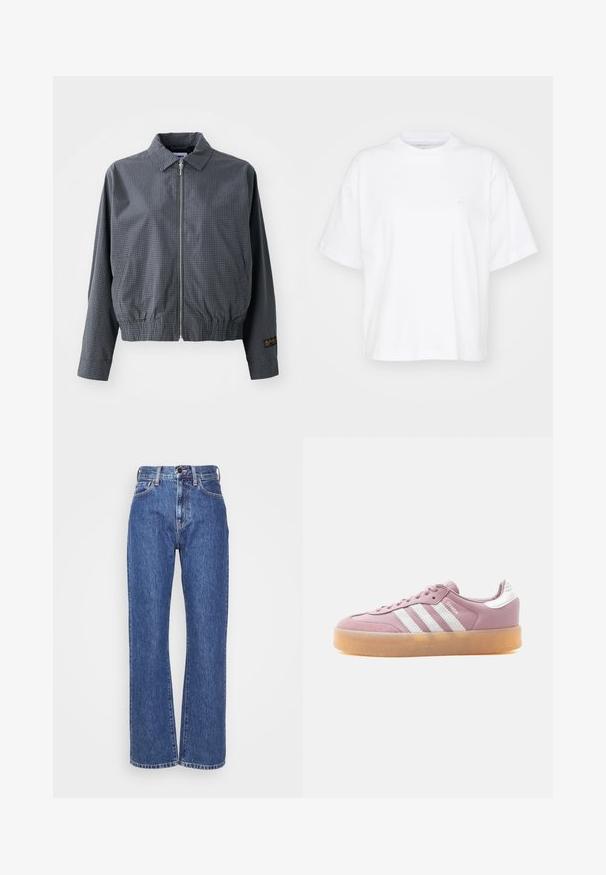 Sivá károvaná bomber bunda, ľahký materiál, zips, golier, elastický lem, bočné vrecká a kontrastný detail loga na rukáve.; Biela bavlnená tričko s okrúhlym výstrihom, krátkymi rukávmi a voľným strihom. Obsahuje jemné logo na ľavej strane hrude. Hladká textúra.; Modré riflové nohavice so širokým strihom, vysokým pásom, kontrastným šitím a klasickým dizajnom s piatimi vreckami. Textúrovaná tkanina s hladkým povrchom.; Nízky ružový tenisk so bielymi pruhmi, podrážka z gumenej gumy a nápis "SAMBA" na boku.