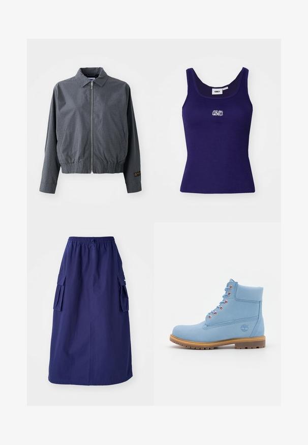Sivá károvaná bomber bunda, ľahký materiál, zips, golier, elastický lem, bočné vrecká a kontrastný detail loga na rukáve.; Námornícky modrý rebrovaný tielko bez rukávov, s malým bielym vyšitým logom na hrudi a okrúhlym výstrihom.; Námornícky modrá sukňa strednej dĺžky s elastickým pásom, ktorá má dve bočné cargo vrecká a minimálnu logotlač. Hladká textúra látky.; Timberland PREMIUM - Členkové šnurovacie čižmy - light blue