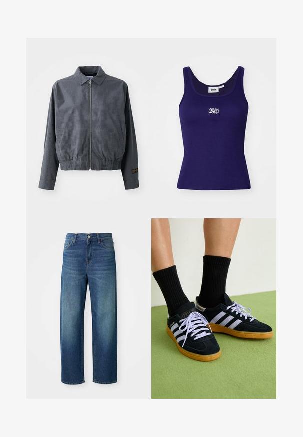 Harmaa ruudullinen bomber-takki, kevyt kangas, vetoketjusulku, kaulus, elastinen helma, sivutaskut ja kontrastivärinen logo-yksityiskohta hihassa.; Laivansiniset ribat tank top ilman hihoja, jossa on pieni valkoinen brodeerattu logo rinnassa ja pyöreä kaula-aukko.; Siniset farkut, leveä lahjerakennus, keskikorkea vyötärö, hillitty haalistuminen, viiden taskun tyyli, nappi- ja vetoketjukiinnitys, suora helma.; Musta mokkanahkaiset lenkkarit, joissa on kolme valkoista raitaa, violetit nauhat ja kumipohja. Yhdistetty mustien, uritettujen putkisukkien kanssa vihreällä pinnalla.