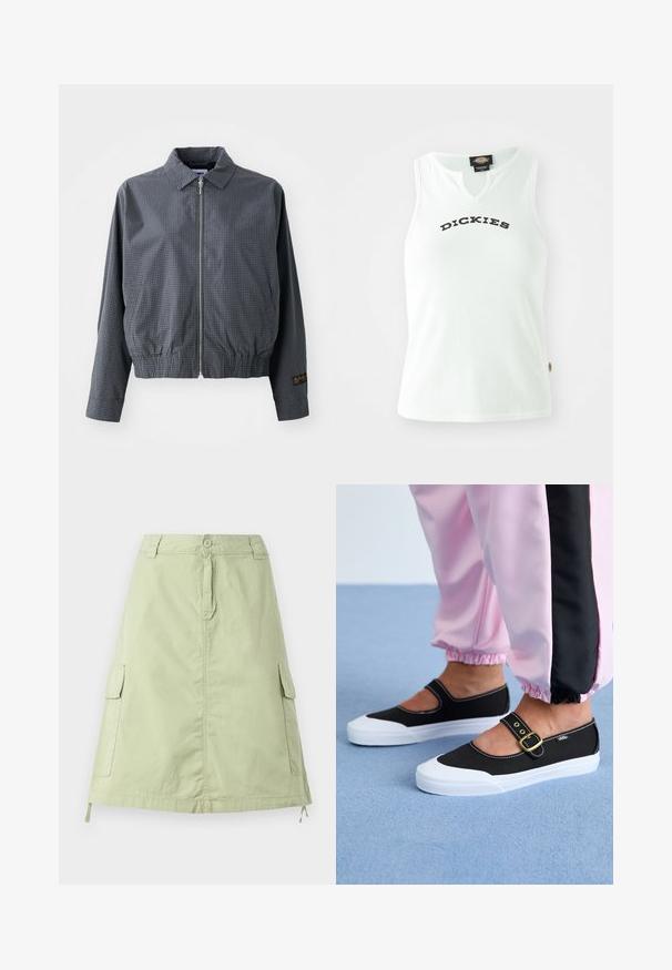 Grå ternet bomberjakke, letvægtsstof, lynlåsclosure, krave, elastisk kant, sidelommer og kontrasterende logo-detalje på ærmet.; Hvid ribbet tanktop med V-halsdesign, prydet med ordet "DICKIES" i fede sorte bogstaver hen over brystet. Uden ærmer.; Lys grøn bomuldsknælang nederdel med to sidelommer, en knaplukning og en afslappet lige pasform. Ensartet tekstur.; Sorte lærredssko med en hvid sål, der har et udskæringsdesign og et guldspænde. Bæret med lyserøde træningsbukser.