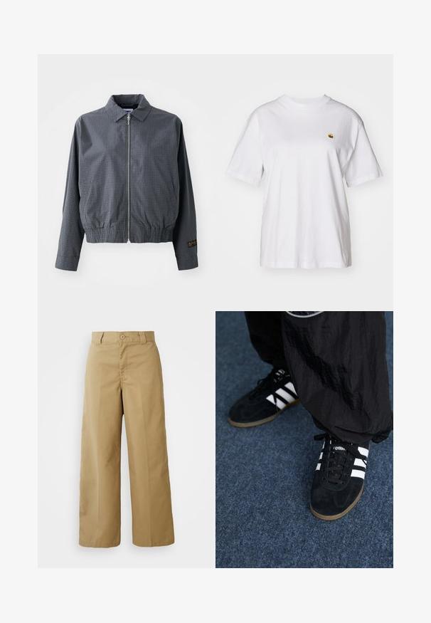 Γκρι καρό bomber jacket, ελαφρύ ύφασμα, κλείσιμο με φερμουάρ, γιακάς, ελαστική μέση, πλαϊνές τσέπες και αντίθετη λεπτομέρεια λογότυπου στο μανίκι.; Λευκό βαμβακερό μπλουζάκι με χαλαρή εφαρμογή, κοντά μανίκια, και ένα μικρό κεντητό λογότυπο στην αριστερή περιοχή του στήθους.; Μπεζ παντελόνια με φαρδιά ποδιά, φτιαγμένα από ύφασμα βαμβάκι-μείγμα, χαρακτηρισμένα με κούμπωμα, βρόχους ζώνης και μπροστινές τσέπες.; Μαύρα σουέτ αθλητικά παπούτσια με τρεις λευκές ρίγες και μαύρους κορδόνες. Ένα υφαντό μαύρο παντελόνι είναι μερικώς ορατό δίπλα από τα παπούτσια.