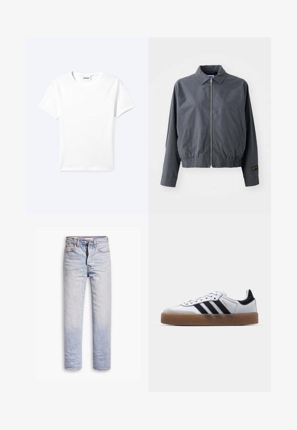 Veste bomber à carreaux gris, en tissu léger, avec fermeture éclair, col, ourlet élastique, poches latérales et détail de logo contrastant sur la manche.; T-shirt blanc uni à manches courtes et col rond avec une petite étiquette "WEEKDAY" à l'intérieur de l'encolure, présenté à plat sur un fond clair.; Jean en denim bleu clair avec une coupe droite, dotés d'une fermeture à boutons, de cinq poches et d'un léger délavage sur les jambes.; Baskets en cuir blanc avec des rayures noires, semelle extérieure en caoutchouc beige, bout rond, fermeture lacée et embout en suède gris doux.