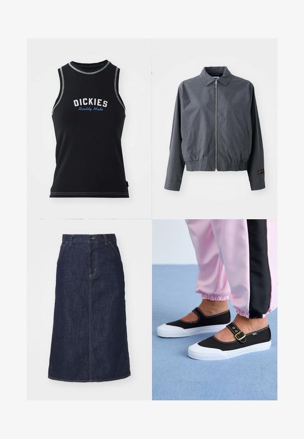 Γκρι καρό bomber jacket, ελαφρύ ύφασμα, κλείσιμο με φερμουάρ, γιακάς, ελαστική μέση, πλαϊνές τσέπες και αντίθετη λεπτομέρεια λογότυπου στο μανίκι.; Μαύρο χωρίς μανίκια t-shirt με γκρι ραφή. Περιλαμβάνει το λογότυπο "DICKIES" σε λευκό και μπλε. Κατασκευασμένο από λείο, ελαστικό ύφασμα.; Σκούρα τζιν φούστα με ψηλή μέση, ίσια γραμμή, μπροστινές τσέπες και ραμμένες ραφές. Διαθέτει φερμουάρ και κουμπί στην μέση.; Μαύρα καμβά παπούτσια με λευκή σόλα, με σχέδιο κοπής και χρυσό λουρί. Φορεμένα με ροζ φόρμες.