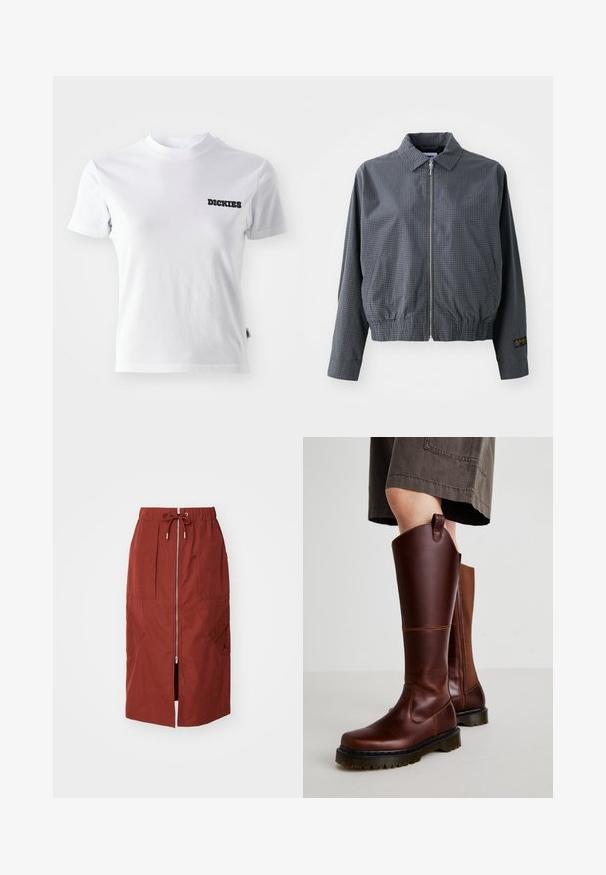 Γκρι καρό bomber jacket, ελαφρύ ύφασμα, κλείσιμο με φερμουάρ, γιακάς, ελαστική μέση, πλαϊνές τσέπες και αντίθετη λεπτομέρεια λογότυπου στο μανίκι.; Λευκή κοντομάνικη μπλούζα από βαμβάκι με στρογγυλή λαιμόκοψη και μαύρο λογότυπο "DICKIES" στην αριστερή πλευρά του στήθους. Λείος υφασμάτινος χαρακτήρας και εφαρμοστή σχεδίαση.; Φορεμάκι μεσαίου μήκους σε τερακότα κόκκινο, με μπροστινό φερμουάρ, ελαστική μέση με κορδόνι και πλαϊνές τσέπες με γεωμετρικό σχέδιο.; Καφέ δερμάτινες μπότες μέχρι το γόνατο με λεία υφή, στιβαρή σόλα και ελαφριά τακούνι. Διαθέτουν φερμουάρ στο πλάι και θηλάκι στο πίσω μέρος για εύκολη φόρεση.