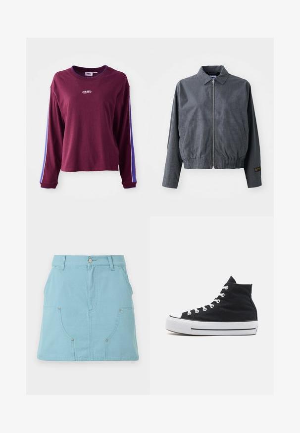 Harmaa ruudullinen bomber-takki, kevyt kangas, vetoketjusulku, kaulus, elastinen helma, sivutaskut ja kontrastivärinen logo-yksityiskohta hihassa.; Burgundy pitkähihainen paita, joka on valmistettu puuvillasta. Paidassa on sinisiä ja valkoisia raitoja hihansuissa sekä logo keskellä. Normaali istuvuus.; Vaaleansininen A-linjainen hame, jossa on etutaskut, vyönlenkit ja nappisuljenta vyötäröllä, valkoisella taustalla.; Mustat korkeat kangaskengät valkoisella kumitossulla, valkoisilla nauhoilla ja teksturoidulla mustalla päällisellä. Musta-valkoinen raidallinen välipohja.