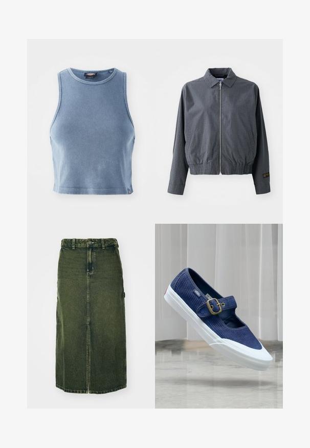 Sivá károvaná bomber bunda, ľahký materiál, zips, golier, elastický lem, bočné vrecká a kontrastný detail loga na rukáve.; Svetlomodrý rebrovaný crop top s okrúhlym výstrihom a bezrukávovým dizajnom. Hladká textúra a malé logo na leme.; Zelená džínová sukňa s polovičnou dĺžkou, predným rozparkom, zapínaním na gombík a pútka na opasok. Jej textúra je mierne vyblednutá a má bočné vrecká.; Námornícky modrý kordurový teniska Vans Mary Jane s bielou gumovou podrážkou a zlatým prackovým remienkom visiaca nad mramorovou podlahou.