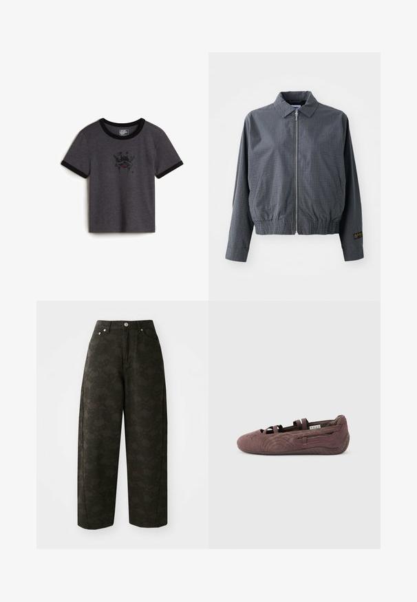 Veste bomber à carreaux gris, en tissu léger, avec fermeture éclair, col, ourlet élastique, poches latérales et détail de logo contrastant sur la manche.; T-shirt en coton gris avec encolure et poignets côtelés noirs ; dispose d'un motif graphique représentant un crâne avec des étoiles et une accentuation rouge.; Un pantalon large vert foncé présente un motif floral texturé, un design à cinq poches et des fermetures à bouton en métal à la taille.; Ballerine plate en suède marron avec des lanières élastiques et une semelle texturée, vue de profil sur un fond clair uni.