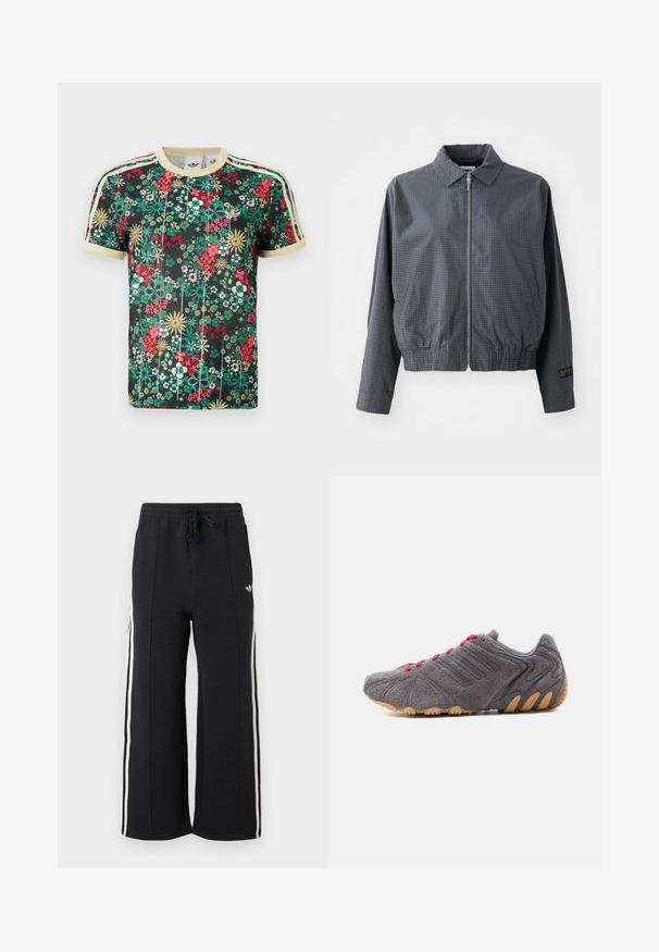 Γκρι καρό bomber jacket, ελαφρύ ύφασμα, κλείσιμο με φερμουάρ, γιακάς, ελαστική μέση, πλαϊνές τσέπες και αντίθετη λεπτομέρεια λογότυπου στο μανίκι.; Μαύρο κοντομάνικο μπλουζάκι Adidas με πολύχρωμο floral σχέδιο, μπεζ γιακά, τελειώματα στα μανίκια και τρεις μπεζ ρίγες στους ώμους.; Μαύροι φαρδιά αθλητικοί παντελόνες με λευκές πλαϊνές ρίγες και ελαστική μέση με κορδόνι, με ένα μικρό λευκό λογότυπο στο ισχίο.; Γκρι αθλητικό παπούτσι με κόκκινα κορδόνια, υφασμάτινο άνω μέρος με υφή και τμηματική καουτσούκ σόλα, εμφανιζόμενο από το πλάι σε λευκό φόντο.