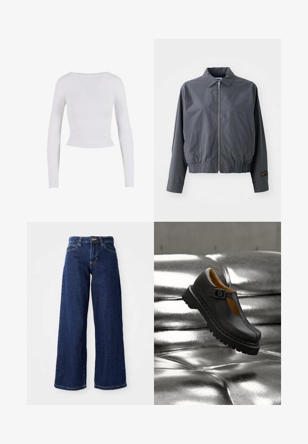 Γκρι καρό bomber jacket, ελαφρύ ύφασμα, κλείσιμο με φερμουάρ, γιακάς, ελαστική μέση, πλαϊνές τσέπες και αντίθετη λεπτομέρεια λογότυπου στο μανίκι.; Λευκό κοντό τοπ με μακριά μανίκια και στρογγυλή λαιμόκοψη, κατασκευασμένο από ομαλό, ελαστικό ύφασμα, με εφαρμοστή γραμμή και χωρίς ορατές κλείσεις.; Σκούρα μπλε τζιν παντελόνι με φαρδιά γραμμή, κατασκευασμένο από τζιν ύφασμα, που διαθέτει κλείσιμο με κουμπί και φερμουάρ, θηλάκια ζώνης και κλασικό σχέδιο πέντε τσεπών.; Μαύρο δερμάτινο παπούτσι Mary Jane με παχιά ραβδωτή σόλα και λουράκι με αγκράφα, αιωρείται πάνω από μια λαμπερή ασημένια επιφάνεια με τσόφλια.
