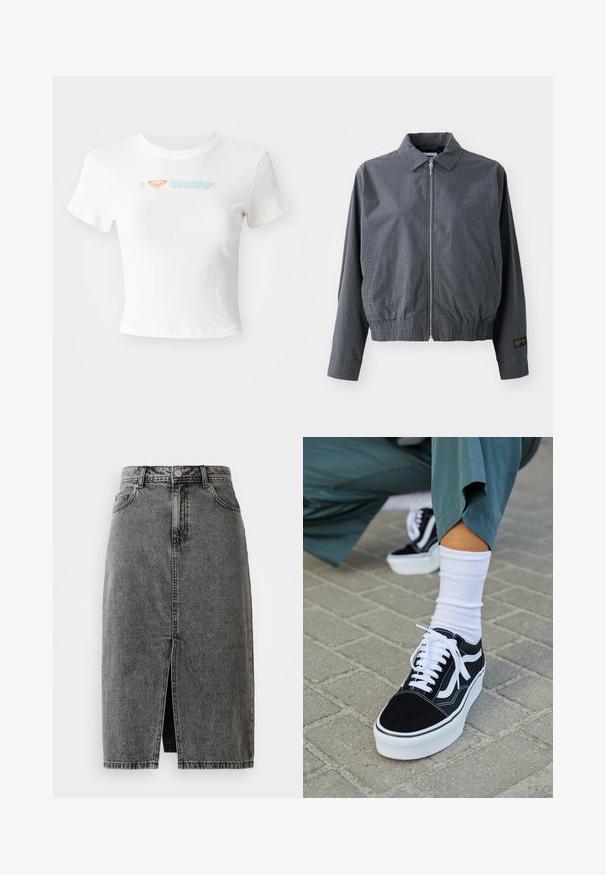 Γκρι καρό bomber jacket, ελαφρύ ύφασμα, κλείσιμο με φερμουάρ, γιακάς, ελαστική μέση, πλαϊνές τσέπες και αντίθετη λεπτομέρεια λογότυπου στο μανίκι.; Λευκό κοντό t-shirt από βαμβάκι, με πορτοκαλί σύμβολο καρδιάς και το λεκτικό "SURF" σε ανοιχτό μπλε εκτύπωση στο μπροστινό μέρος. Κοντά μανίκια, στρογγυλή λαιμόκοψη.; Μίντι φούστα από ξεθωριασμένο μαύρο τζιν, ψηλόμεση, με μπροστινή σχισμή, θηλιές για ζώνη και κλασικό σχέδιο πέντε τσέπες.; Μαύρο σουέτ sneaker με λευκές λεπτομέρειες και κορδόνια, με παχύ λευκό πάτο και αντίθετη ραφή, συνοδευόμενο από λευκή κάλτσα.