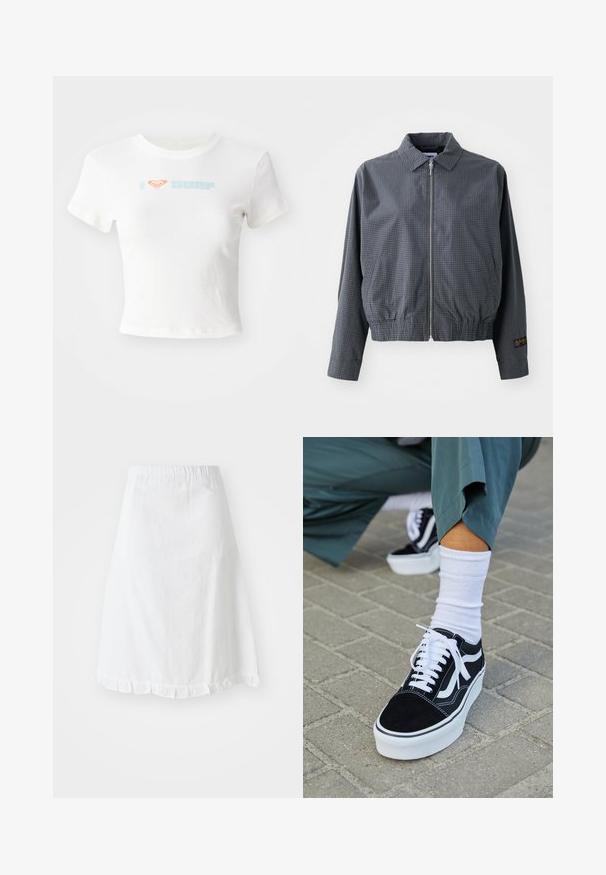 Grijze geruite bomberjack, lichtgewicht stof, ritssluiting, kraag, elastische zoom, zijzakken en contrasterend logo detail op de mouw.; Witte cropped T-shirt van katoen, met een oranje hartje en "SURF" in lichtblauwe print op de voorkant. Korte mouwen, ronde hals.; Witte rok met een elastische tailleband, met een gestructureerd patroon en een volantszoom aan de onderkant. Eenvoudig A-lijn ontwerp.; Zwarte suède sneaker met witte accenten en veters, uitgerust met een dikke witte zool en contrasterende stiksels, gecombineerd met een witte sok.