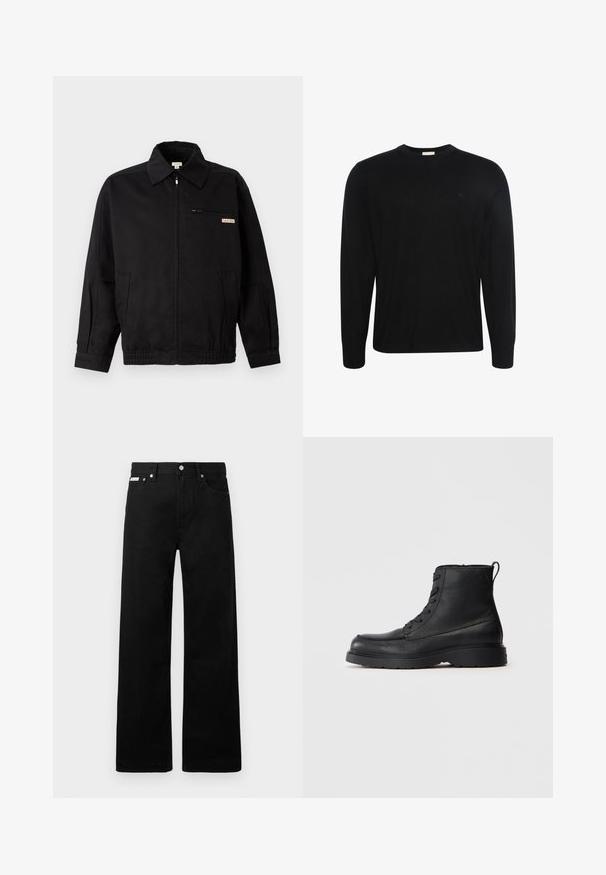 Calvin Klein Jeans JACKET - Veste légère - black; Pull noir à manches longues col rond avec un tissu subtilement texturé et un petit logo brodé sur la poitrine gauche.; Pantalon en denim noir avec une coupe large, doté de cinq poches et de boutonnières métalliques. Texture lisse, sans motifs visibles.; Botte à lacets en cuir noir texturé, avec une semelle épaisse et une languette à l'arrière, vue de côté.