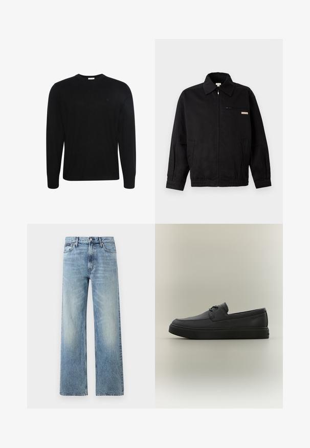 Calvin Klein Jeans JACKET - Καλοκαιρινό μπουφάν - black; Μαύρο πουλόβερ με μακριά μανίκια και στρογγυλή λαιμόκοψη, με διακριτική υφασμάτινη υφή και μικρό κεντημένο λογότυπο στο αριστερό στήθος.; Ανοιχτό μπλε τζιν παντελόνι με ίσια γραμμή και ψηλή μέση, πέντε τσέπες, κούμπωμα με κουμπί και διακριτικό ξεθώριασμα στους μηρούς και τα γόνατα.; Μαύρο casual loafer δερμάτινο με κορδόνια και χοντρή λαστιχένια σόλα, εμφανίζεται από το πλάι σε ουδέτερο φόντο.