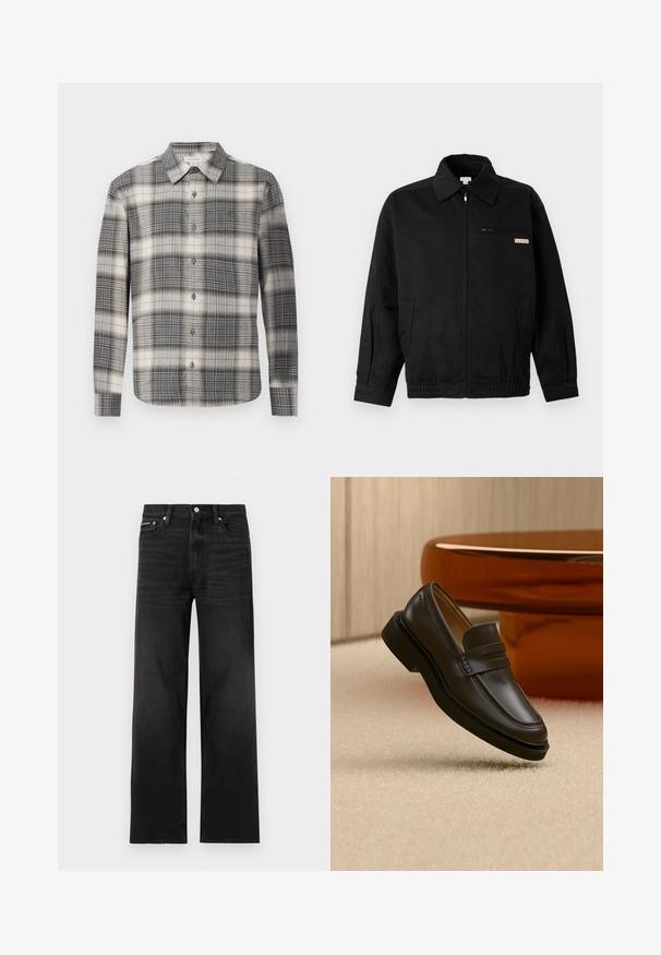 Calvin Klein Jeans JACKET - Leichte Jacke - black; Langärmliges kariertes Hemd in Schwarz und Creme. Mit durchgehender Knopfleiste, klassischem Kragen und variierendem Karomuster. Weiche Stoffbeschaffenheit.; Schwarze Jeans mit geraden Beinen, fünf Taschen, Gürtelschlaufen und Knopfverschluss, auf weißem Hintergrund dargestellt.; Schwarzer Lederloafer, der über einem beigen Teppich mit braunen, abgerundeten Möbeln im Hintergrund schwebt.