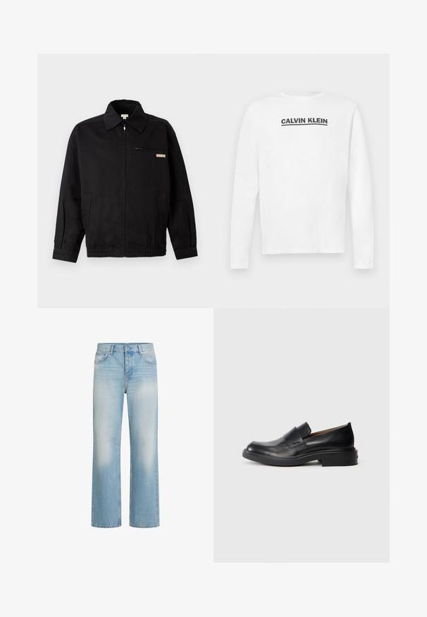 Calvin Klein Jeans JACKET - Letná bunda - black; Biela košeľa s dlhým rukávom vyrobená z bavlny, s čiernym logom "CALVIN KLEIN" naprieč hrudníkom a okrúhlym výstrihom. Hladká textúra.; Svetlomodré denimové džínsy so striedmym strihom, detailmi blednutia, piatimi vreckami, zapínaním na gombík a pásikmi na opasok na páse.; Čierne kožené slip-on formálne topánky s nízkym podpätkom a diskrétnym logom Calvin Klein na boku, zobrazené v profilu na bielom pozadí.