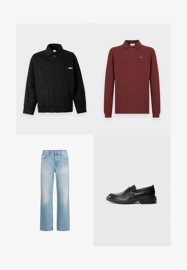 Calvin Klein Jeans JACKET - Letná bunda - black; Bordová polo košeľa s dlhým rukávom vyrobená z bavlny, s klasickým golierom, trojbuttonovou légou a malým vyšitým logom na hrudi.; Svetlomodré denimové džínsy so striedmym strihom, detailmi blednutia, piatimi vreckami, zapínaním na gombík a pásikmi na opasok na páse.; Čierne kožené slip-on formálne topánky s nízkym podpätkom a diskrétnym logom Calvin Klein na boku, zobrazené v profilu na bielom pozadí.