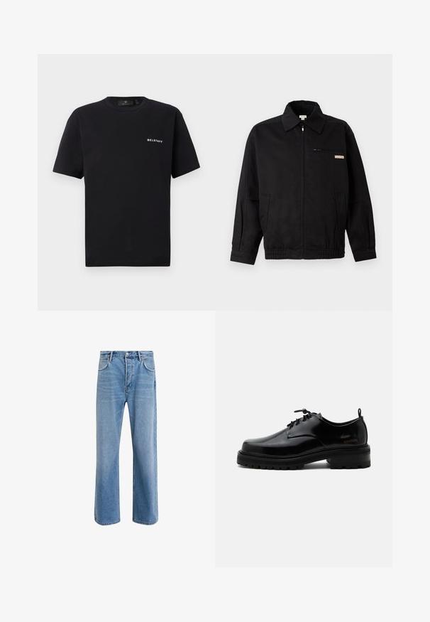 Calvin Klein Jeans JACKET - Leichte Jacke - black; Schwarzes Kurzarm-Crewneck-T-Shirt mit kleinem weißen "BELSTAFF"-Logo auf der linken Brust vor einem schlichten Hintergrund.; Helle blaue Jeans im Geradeschnitt-Design, mit fünf Taschen, Knopfverschluss, minimaler Ausbleichung und kontrastierenden Nähdetails.; Schwarzer polierter Lederschnürschuh mit dicker Gummisohle und niedrigem Absatz, seitlichem Marken-Schriftzug "SAMSOE" und hinterer Zuglasche.