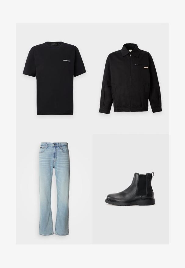 Calvin Klein Jeans JACKET - Letná bunda - black; Čierne tričko s krátkym rukávom a okrúhlym výstrihom s malým bielym logom "BELSTAFF" na ľavej strane hrudníka na jednoduchom pozadí.; Svetlo modré džínsy so strihom rovného nohavice, obsahujúce päť vreciek, zapínanie na gombík a jemné vyblednutie na látke.; Čierne kožené chelsea čižmy s textúrovaným povrchom, elastickými bočnými panelmi a pevným gumovým podpätkom. Diskrétny branding na päte.