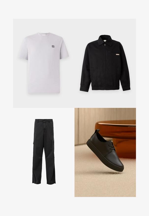 Calvin Klein Jeans JACKET - Let jakke / Sommerjakker - black; Lys lavendelfarvet kortærmet t-shirt lavet af bomuld med rund hals og et lille mørkt logo-patch på venstre bryst. Glat tekstur.; Sorte cargo bukser med lige skæring, knaplukning og sidelommer. Glat stof med mat finish og uden synlige mønstre.; Sort lædersneaker til hverdag med snørebånd, svævende over beige tæppe med et rundt bord af ravfarvet glas i baggrunden.