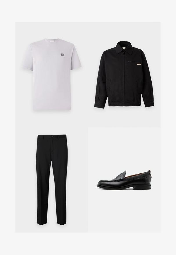 Calvin Klein Jeans JACKET - Let jakke / Sommerjakker - black; Lys lavendelfarvet kortærmet t-shirt lavet af bomuld med rund hals og et lille mørkt logo-patch på venstre bryst. Glat tekstur.; Sorte skræddersyede bukser med flad front, standard talje og lige ben. Lavet af glat stof, med en enkelt knaplukning.; Sort læder herre loafer med moc-tå syning, penny strop, struktureret krave og lav stablet hæl på hvid baggrund.