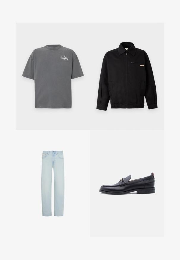 Calvin Klein Jeans JACKET - Letná bunda - black; Tmavosivé tričko s krátkym rukávom a okrúhlym výstrihom s malým bielym logom "ALLSAINTS" na ľavej hornej časti hrudníka.; Svetlomodré rifle z denimu s rovným strihom nohavíc, predným zapínaním na gombík a zips, pútkami na opasok a prednými vreckami.; Čierne kožené mokasíny so sivým štruktúrovaným priehlavkom, detailom so striebornou kovovou prackou, nízkym opätkom a pútkom vzadu.