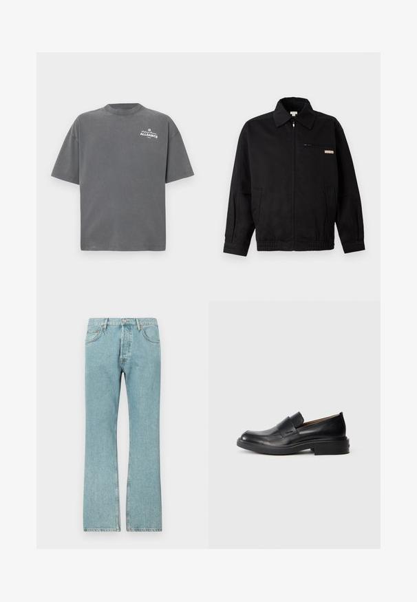 Calvin Klein Jeans JACKET - Let jakke / Sommerjakker - black; Mørkegrå T-shirt med korte ærmer og rund hals med lille hvid "ALLSAINTS"-logo på øverste venstre bryst.; Lysblå denimjeans med lige ben-design, der har fem lommer og en knaplukning. Synlige sømme og frynsedetaljer i kanten.; Sorte læder slip-on dress sko med lav hæl og subtil Calvin Klein logo på siden, vist i profil på en hvid baggrund.