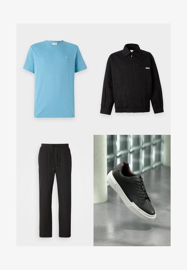 Calvin Klein Jeans JACKET - Letná bunda - black; Svetlomodré bavlnené tričko s okrúhlym výstrihom, krátkymi rukávmi a malým bielym logom v hornej ľavej časti hrudníka. Hladká textúra.; Čierne jogger nohavice vyrobené z ľahkej tkaniny, s elastickým pásom a nastaviteľnými šnúrkami a bočnými vreckami. Hladká textúra.; Čierna kožená teniska s hrubou bielou podrážkou a čiernymi šnúrkami, ktorá pláva nad sivou betónovou podlahou pri stene zo sklenných blokov.