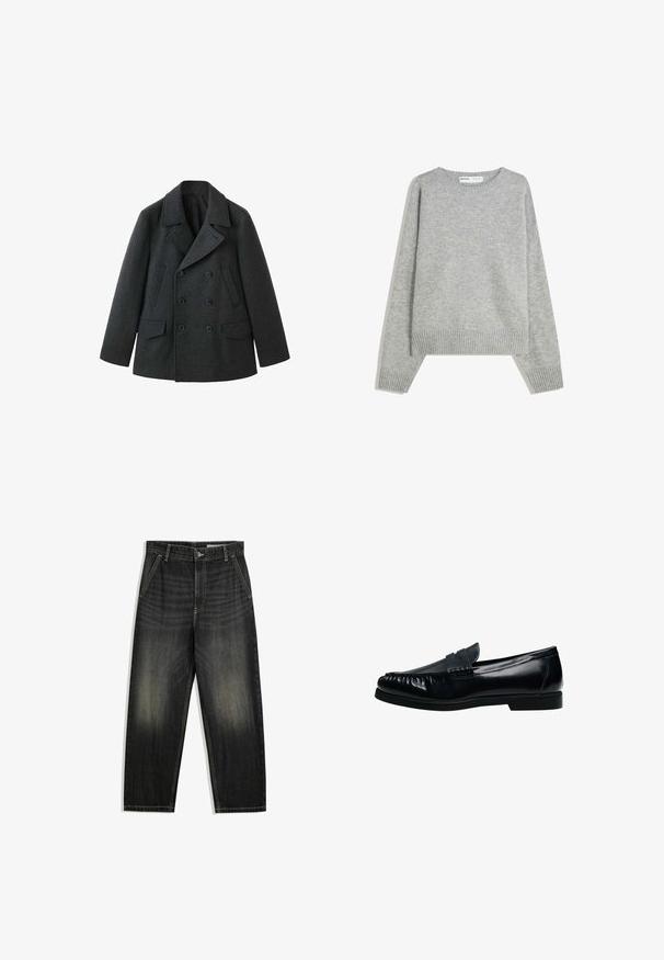 Mørkegrå uldsjakke med dobbeltradet design, brede reverser, to frontlommer og en struktureret finish.; Grå strikket sweater med rund halsudskæring, ribbede manchetter og kant, med en afslappet pasform og blød tekstur.; Sorte udtonede denimjeans med lige ben, forlommer, bæltestropper og knaplukning ved taljen.; Sort herre penny loafer i læder med syninger på mok-toe og lav hæl, vist i sideprofil på hvid baggrund.