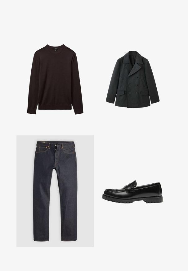 Tmavosivý vlnený kabát s dvojradovým zapínaním, širokými klopami, dvoma prednými vreckami a textúrovaným povrchom.; Reiss REISS - Svetrík - dark bordeaux; Tmavomodré rifle z denimu s rovnými nohavicami, zdobené oranžovým prešitím a klasickým päťvreckovým strihom. Zapínanie na gombík a zips.; Čierna kožená mokasína s robustnou gumovou podrážkou a klasickým pásikom na penny, zobrazená z vonkajšej strany.
